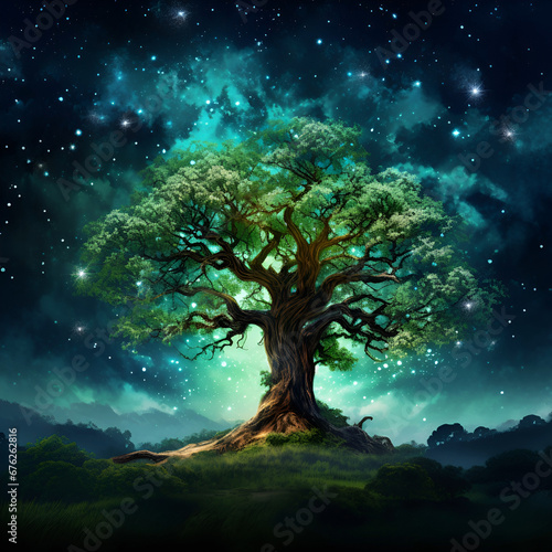 Starry Night Wonder Big Green Tree Framed by a Stunning Galaxy Sky Backdrop