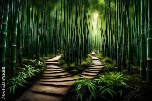 A tranquil bamboo forest with a hidden path leading to an unknown adventure.