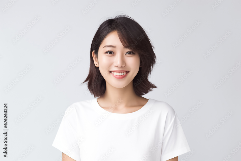close up of an Asian woman with smooth skin gazing at the camera against a white backdrop, illuminated by studio lights. close up of an Asian woman with smooth skin gazing at the camera against a white backdrop, illuminated by studio lights.
