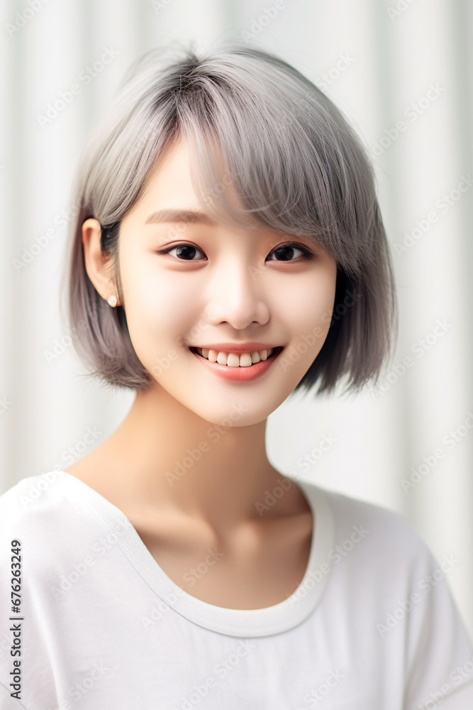 close up of an Asian woman with smooth skin gazing at the camera against a white backdrop, illuminated by studio lights. close up of an Asian woman with smooth skin gazing at the camera against a white backdrop, illuminated by studio lights.