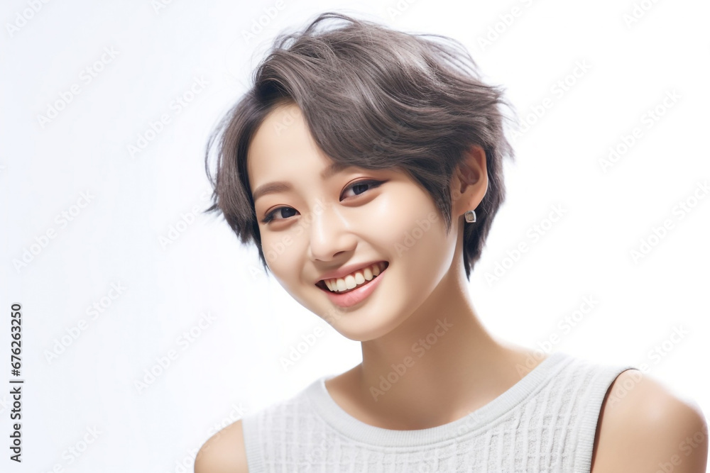 close up of an Asian woman with smooth skin gazing at the camera against a white backdrop, illuminated by studio lights. close up of an Asian woman with smooth skin gazing at the camera against a white backdrop, illuminated by studio lights.