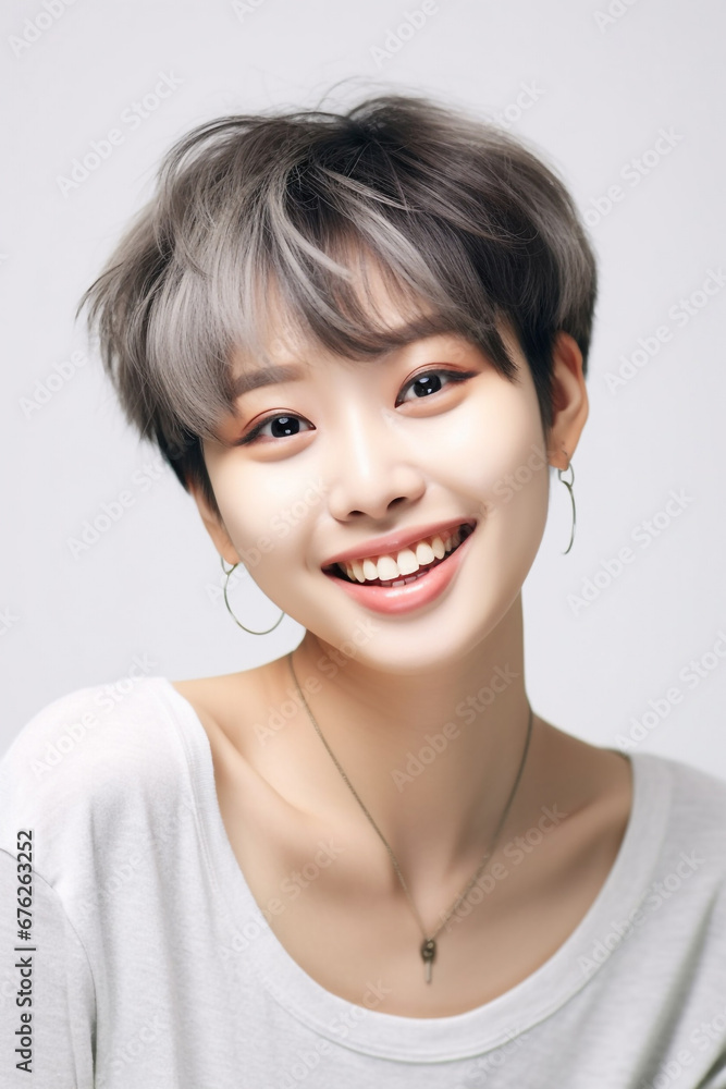close up of an Asian woman with smooth skin gazing at the camera against a white backdrop, illuminated by studio lights. close up of an Asian woman with smooth skin gazing at the camera against a white backdrop, illuminated by studio lights.