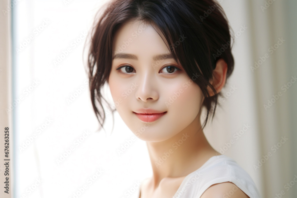 close up of an Asian woman with smooth skin gazing at the camera against a white backdrop, illuminated by studio lights. close up of an Asian woman with smooth skin gazing at the camera against a white backdrop, illuminated by studio lights.