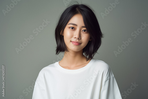 close up of an Asian woman with smooth skin gazing at the camera against a white backdrop, illuminated by studio lights.