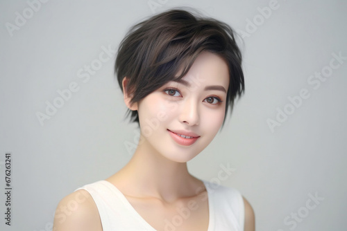 close up of an Asian woman with smooth skin gazing at the camera against a white backdrop, illuminated by studio lights.