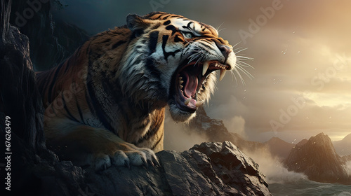 Epic scene of a tiger roaring atop a cliff, echoing the call of the wild Ai Generative © SK