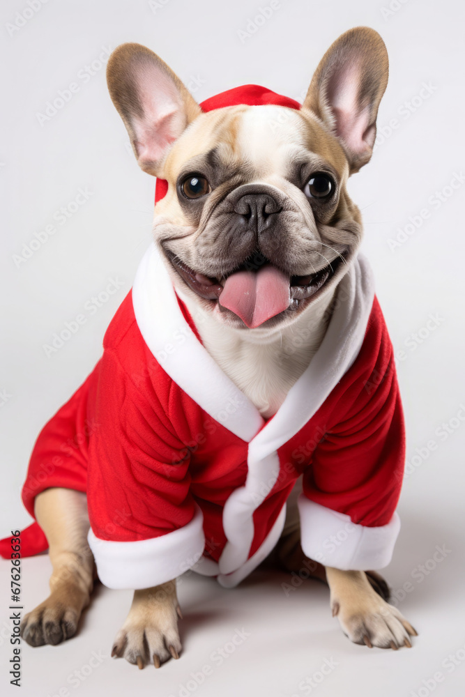 French bulldog wearing santa costume