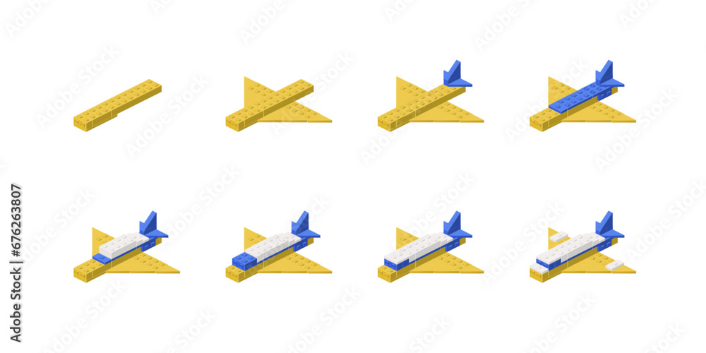 Step-by-step construction of an airplane from plastic blocks. Vector Step-by-step construction of an airplane from plastic blocks. Vector
