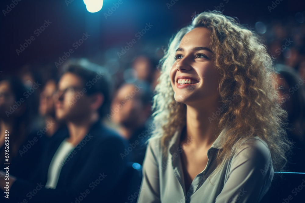 Young Female Sitting in a Crowded Audience at a Science Conference, Delegate Cheering and Applauding After an Inspirational Keynote Speech, Auditorium with Young Successful Specialist Young Female Sitting in a Crowded Audience at a Science Conference, Delegate Cheering and Applauding After an Inspirational Keynote Speech, Auditorium with Young Successful Specialist