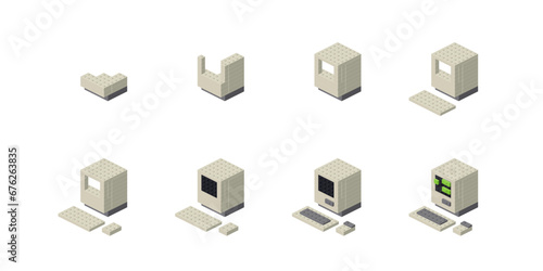 Step-by-step assembly of a retro computer. Vector