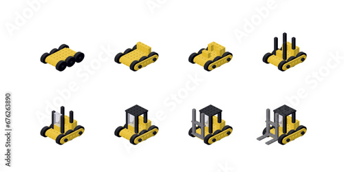 Step-by-step construction of a forklift from blocks. Vector