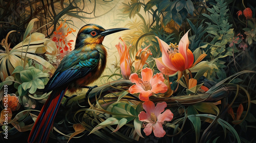 Enigmatic gaze between a bird of paradise and a lurking, concealed predator Ai Generative