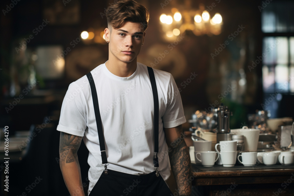 Young waiter serving coffee in a cafe and looking at camera Young waiter serving coffee in a cafe and looking at camera
