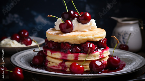 Pancakes with vanilla ice cream cherry jam and cherry