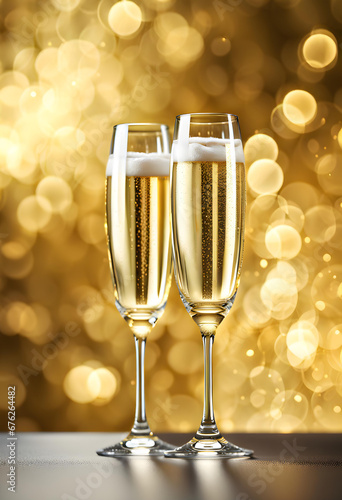 Two champagne glasses and golden background