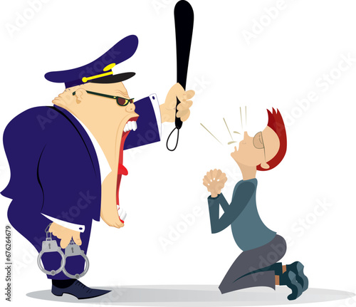 Shouting police officer. Kneeling man confessing in criminal.
Frightened man kneeling before the angry police officer with handcuffs and baton

