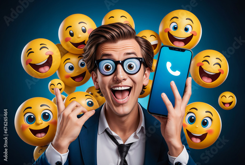 A Man Influencer on Internet Holding Up a Smartphone Amidst a Crowd of Emoticons.