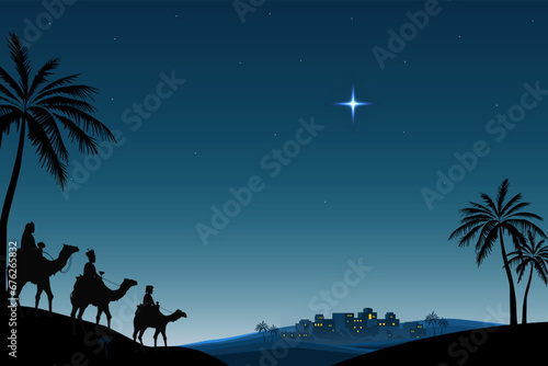 Foto The three wise men, Magi, three Kings, Melchior, Caspar and Balthasar, riding camels following the star of Bethlehem