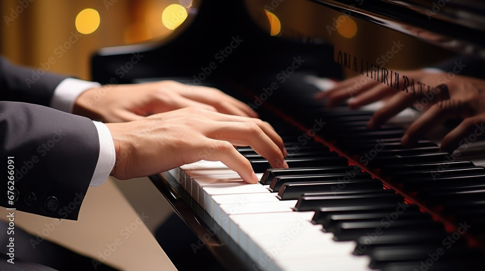 Obraz premium pianist hands on piano keys, music, concert, melody, etude, symphony, sonata, composition, opera, play, musician, performance, musical instrument, fugue, nocturne, stage, play, fingers, chord, notes