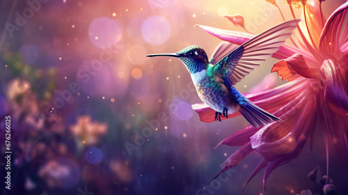 Glistening hummingbird sipping nectar amidst a dreamy, bokeh flower field Ai Generative