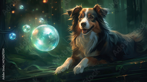 Enchanted superdog hovering amidst glowing orbs, a mystical protector Ai Generative © SK