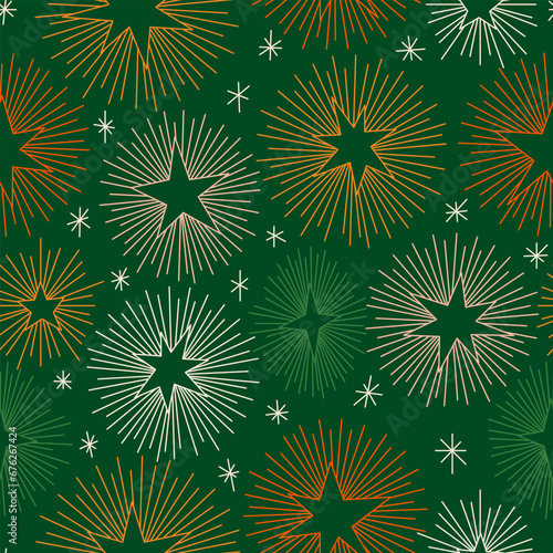 Seamless abstract geometric pattern with doodle stars. Christmas gift wrapping paper texture. Hand drawn vector background.