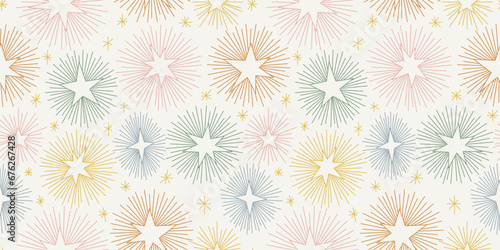 Seamless abstract geometric pattern with doodle stars. Christmas gift wrapping paper texture. Hand drawn vector background.