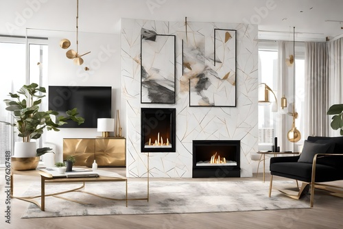 A minimalistic white, black, and gold fireplace with advanced heating technology, situated in a living room with abstract, cozy textures and patterns.