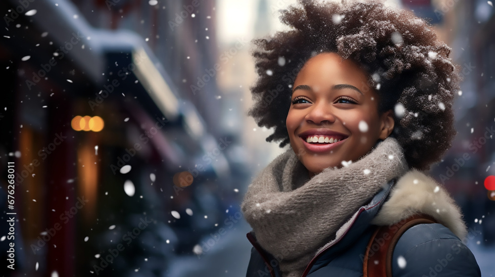 Mujer afroamericana de pie con un fular en el cuello y pelo voluminoso, sonriendo en un día nevado en la ciudad. - obrazy, fototapety, plakaty 