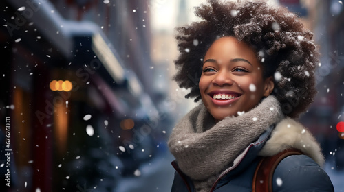 Mujer afroamericana de pie con un fular en el cuello y pelo voluminoso, sonriendo en un día nevado en la ciudad. photo