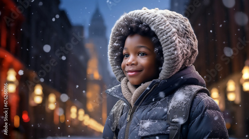 Niño afroamericano de medio cuerpo mirando hacia la izquierda con un gorro grande y abrigo en una tarde nevada en la ciudad.