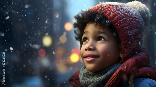 Niño afroamericano con un gorro de lana y bufanda mirando hacia arriba en un día nevado en una ciudad. 