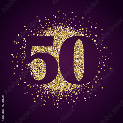Creative number 50. Price label. 50th anniversary icon concept. Up to 50 percent off sale. Shiny golden design with glittering elements. Isolated sign. Gold texture. Holiday background. Top 50 idea.