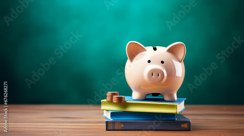 Piggy bank with books. College fees saving concept