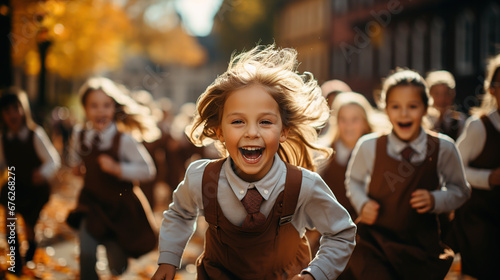 Front view of happy diverse school kids running in corridor at school. Cheerful team child girls and boys run at school. Generative Ai. © Nanthiwan