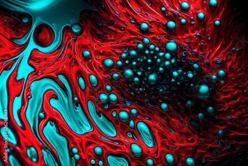 A macro view of neon red and vivid cyan in a surreal neon liquid color experience.