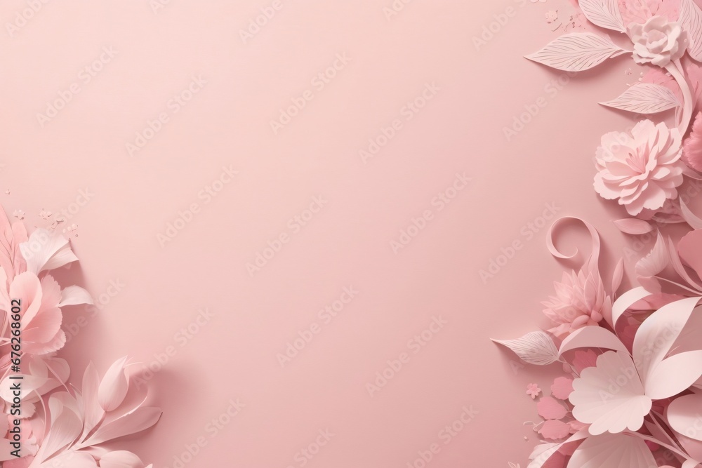 Design elements on a basic pink paper texture background. Background for party, birthday, wedding or graduation invitation card in white color with floral elements in soft art style. Generative Ai.