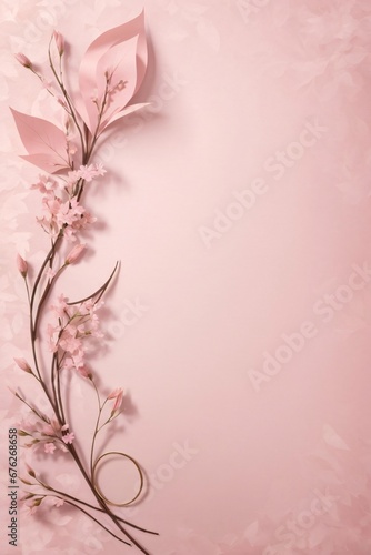 Design elements on a basic pink paper texture background. Background for party  birthday  wedding or graduation invitation card in white color with floral elements in soft art style. Generative Ai.