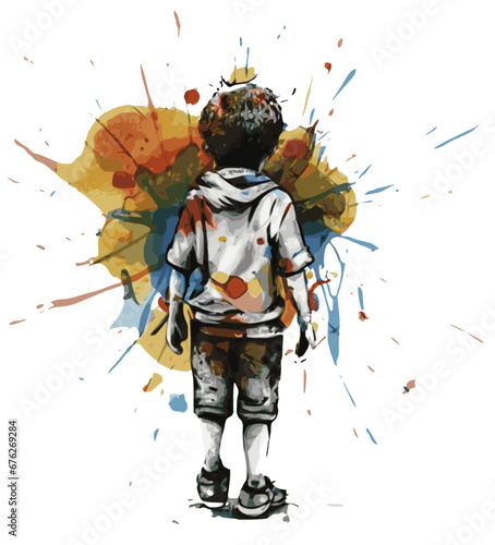 Vector Art of Scruffy Boy with Back to Viewer, Urban Fashion T-Shirt Design with Colorful Ink Splatter Background, Street-Inspired Teen Fashion Illustration, Modern Youth Culture Apparel Graphic with 