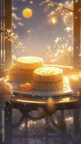  Chinese traditional cakes and cookies on a table near the window with warm light shinning on it. 