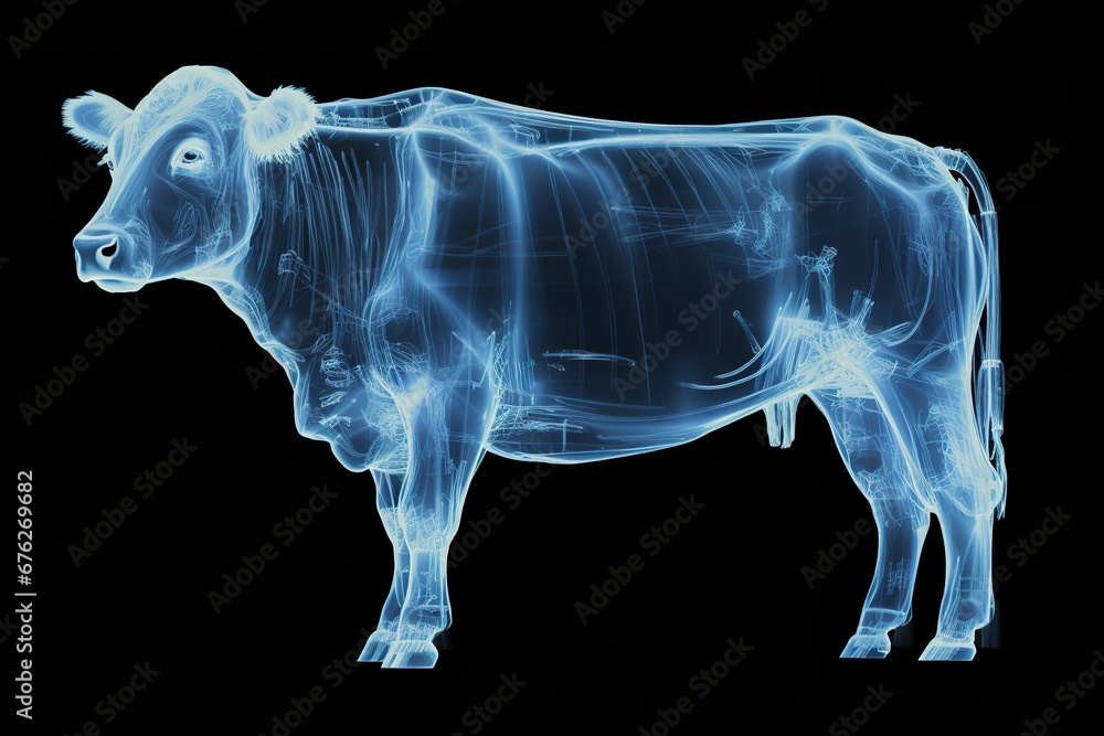 Cow in blue x-ray glow on a black background. X-ray of a cow. Generated by artificial intelligence Cow in blue x-ray glow on a black background. X-ray of a cow. Generated by artificial intelligence