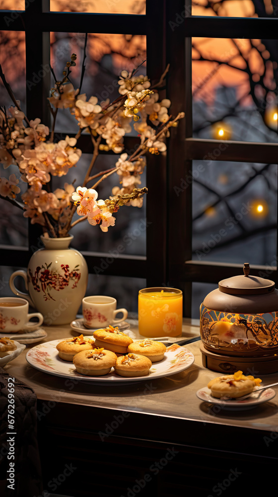 Naklejka premium Chinese traditional cakes and tea on the table near the window at night.