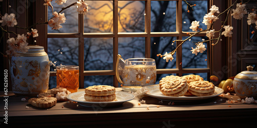 Chinese traditional cakes and tea on the table near the window at night. 