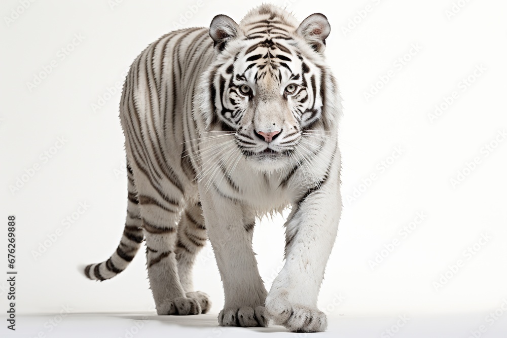 Fototapeta premium Adult white tiger with wet fur, isolated on a white background. Generated by artificial intelligence