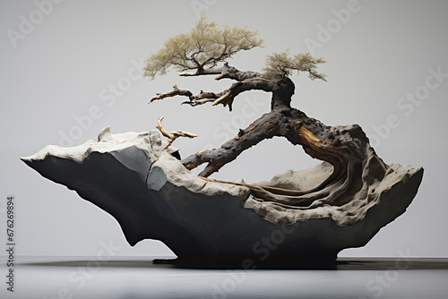Bonsai on hard abstact rock. Bonsai grows on abstract rock form. Isolated, studio photography. photo