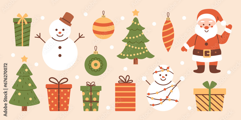 Vector Christmas set with Santa Claus, gift boxes, snowmen, christmas tree and baubles. New Year and Christmas collection. Winter holiday cute funny illustration.