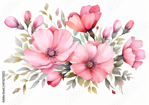 Pink flowers watercolor bouquet isolated on white background