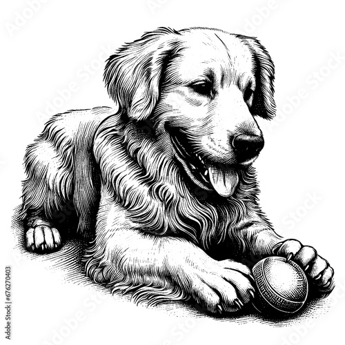 Cocker Spaniel playing with a ball. Hand Drawn Engraving Pen and Ink. Vector Isolated in White. Engraving vintage style illustration for print, tattoo, t-shirt, coloring book