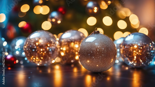 Christmas background with shiny balls and  blurred bokeh lights.