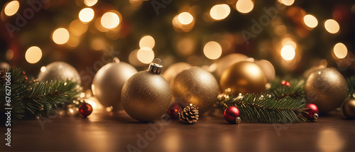 Christmas background with shiny balls and blurred bokeh lights.